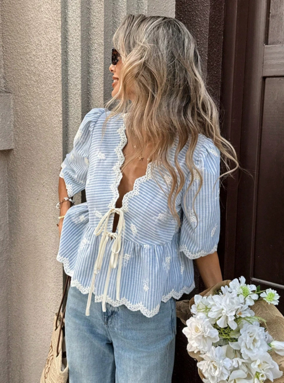 Zara Blue and White Light Blue Ruffle Blouse Spring Summer